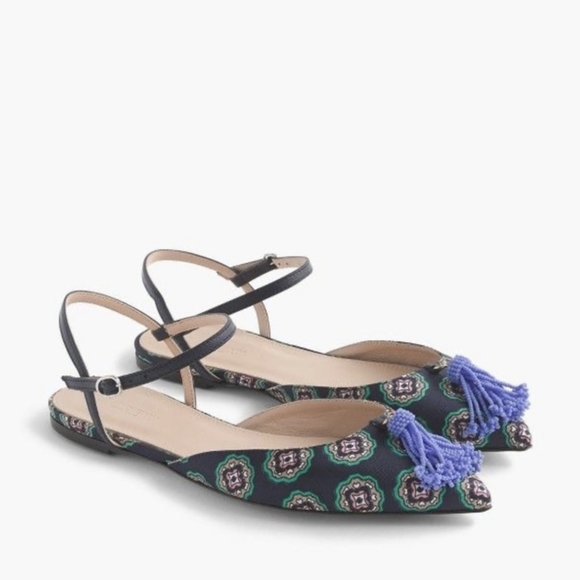 J.Crew Sz5.5-6 foulard Moroccan print flats with periwinkle beaded tassels - Picture 1 of 10